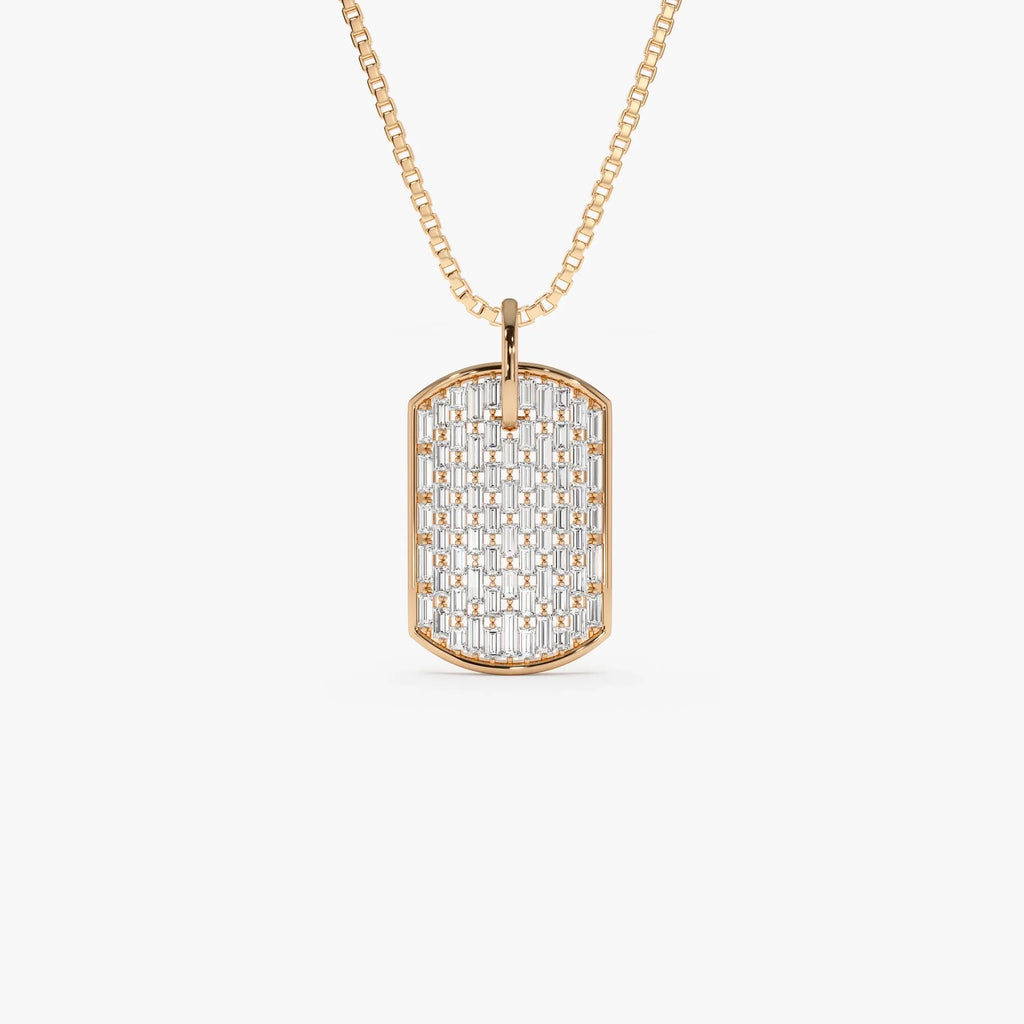 14K Solid Gold Baguette Diamond Dog Tag Pendant Necklace Prong Setting 1.25ctw