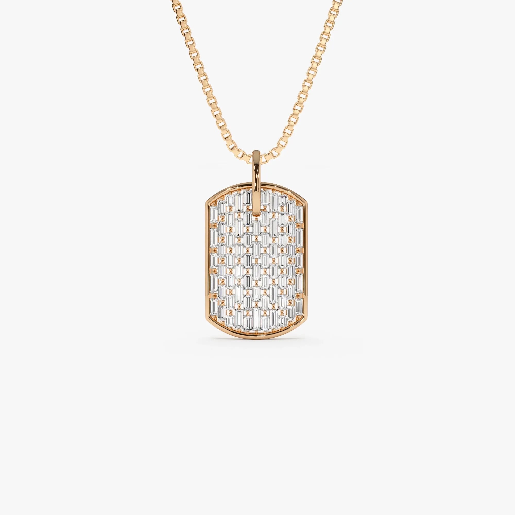 14K Solid Gold Baguette Diamond Dog Tag Pendant Necklace Prong Setting 1.25ctw