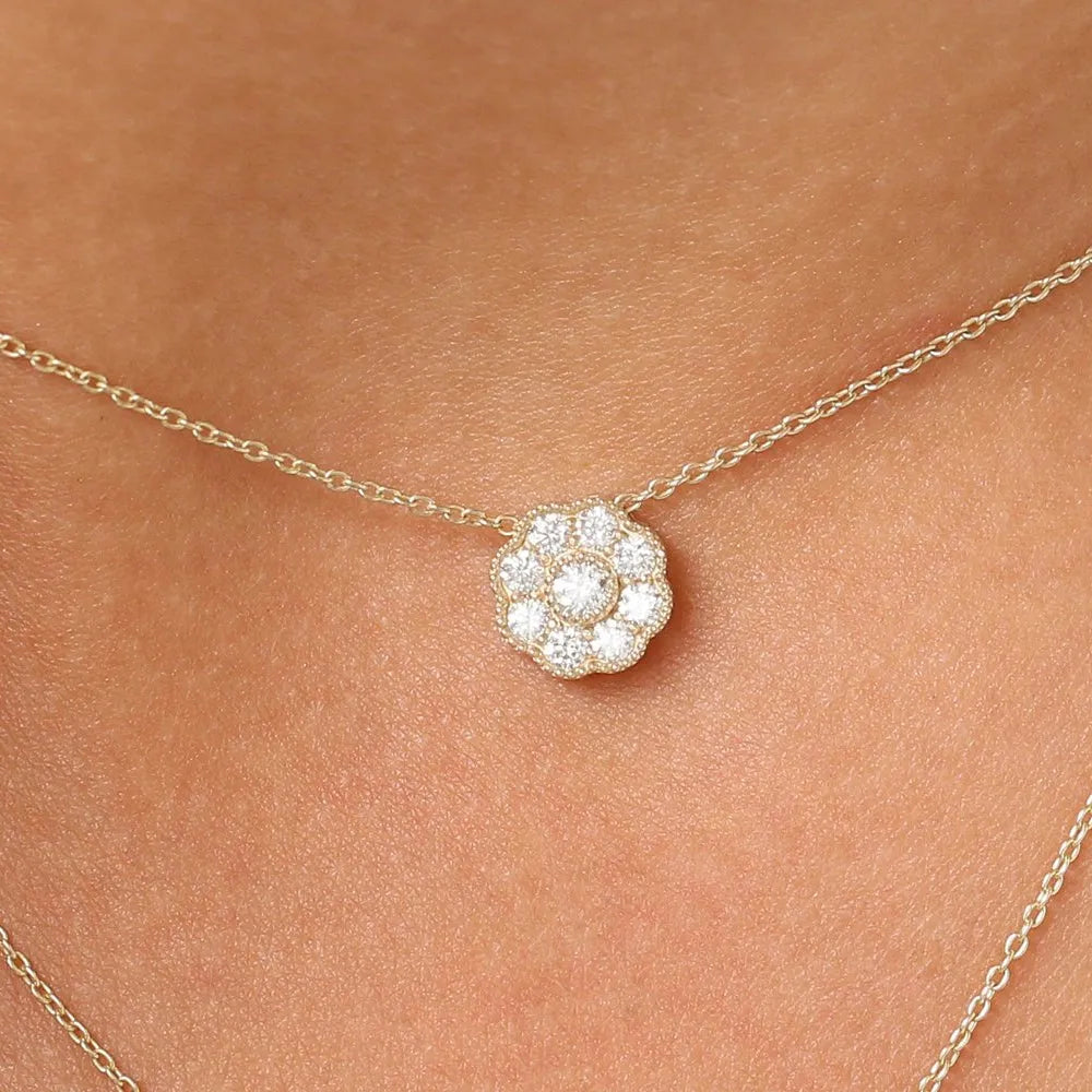 14K Solid Gold Round Diamond Floral Pendant Necklace 0.35ctw