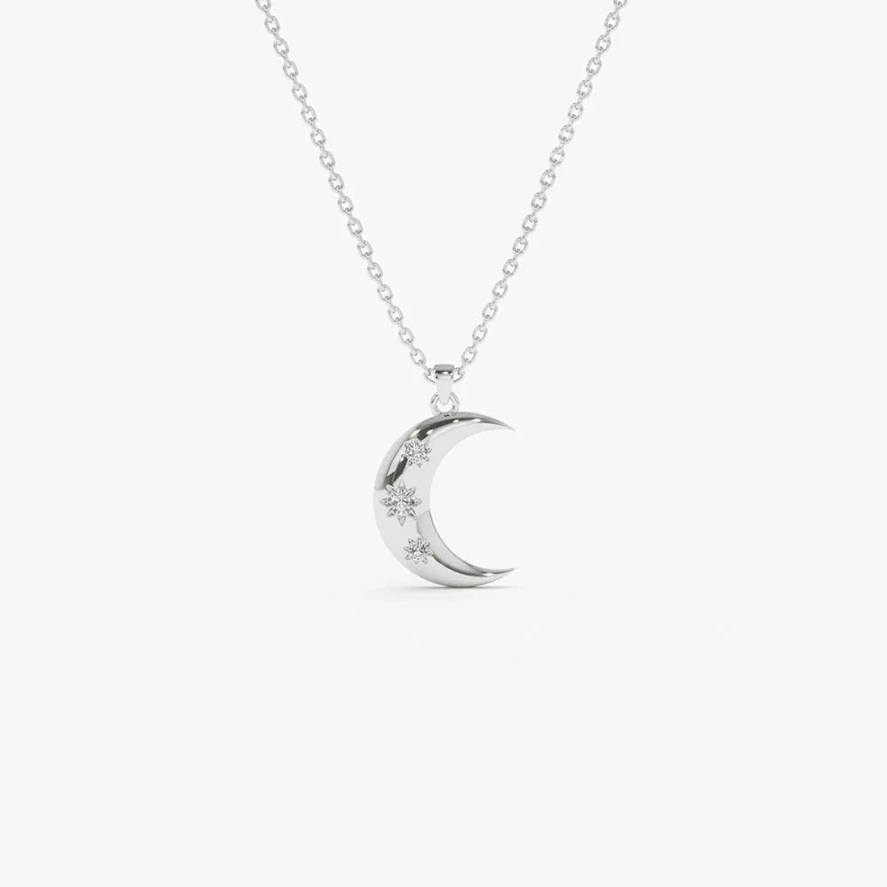 14K Solid Gold Round Diamond Crescent Pendant Necklace Star Setting 0.05ctw