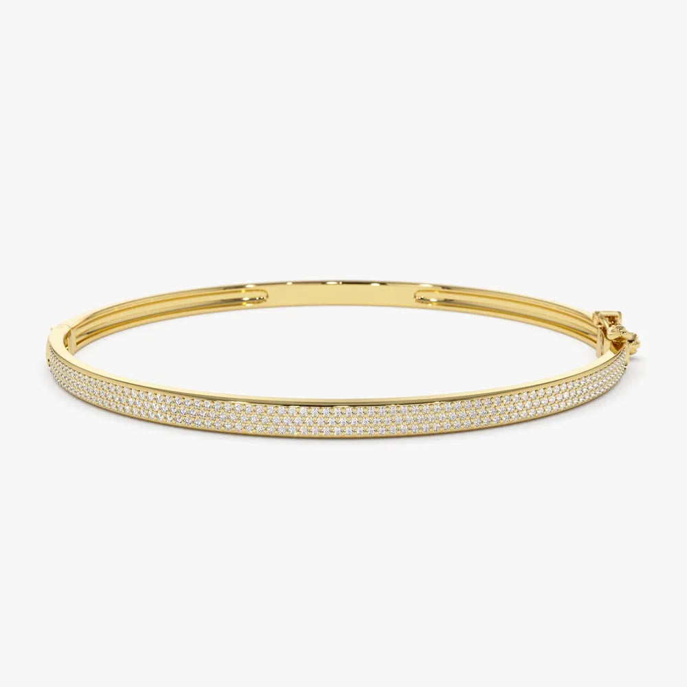 14K Solid Gold 0.75 CTW Round Diamond Three Row Pave 3MM Bangle