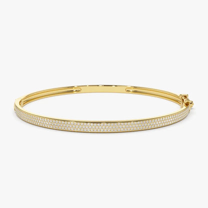 14K Solid Gold 0.75 CTW Round Diamond Three Row Pave 3MM Bangle
