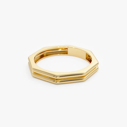 14k Gold Octagon Double Band Ring Wide Geometric Style