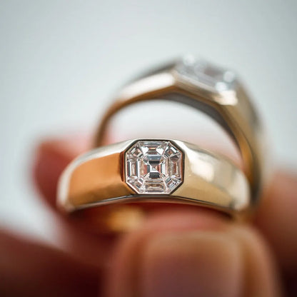 14k Solid Gold 0.40 Carat Diamond Asscher Cut Illusion Mosaic Solitaire Pinky Ring Invisible Bezel Setting