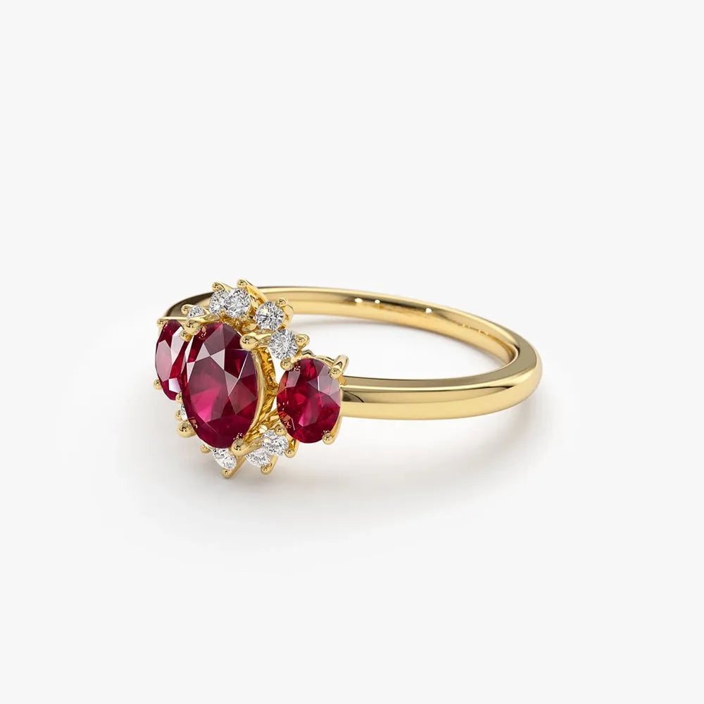 14k Gold Ruby and Diamond Oval Cut Three Stone Cluster Ring 1.39 ctw