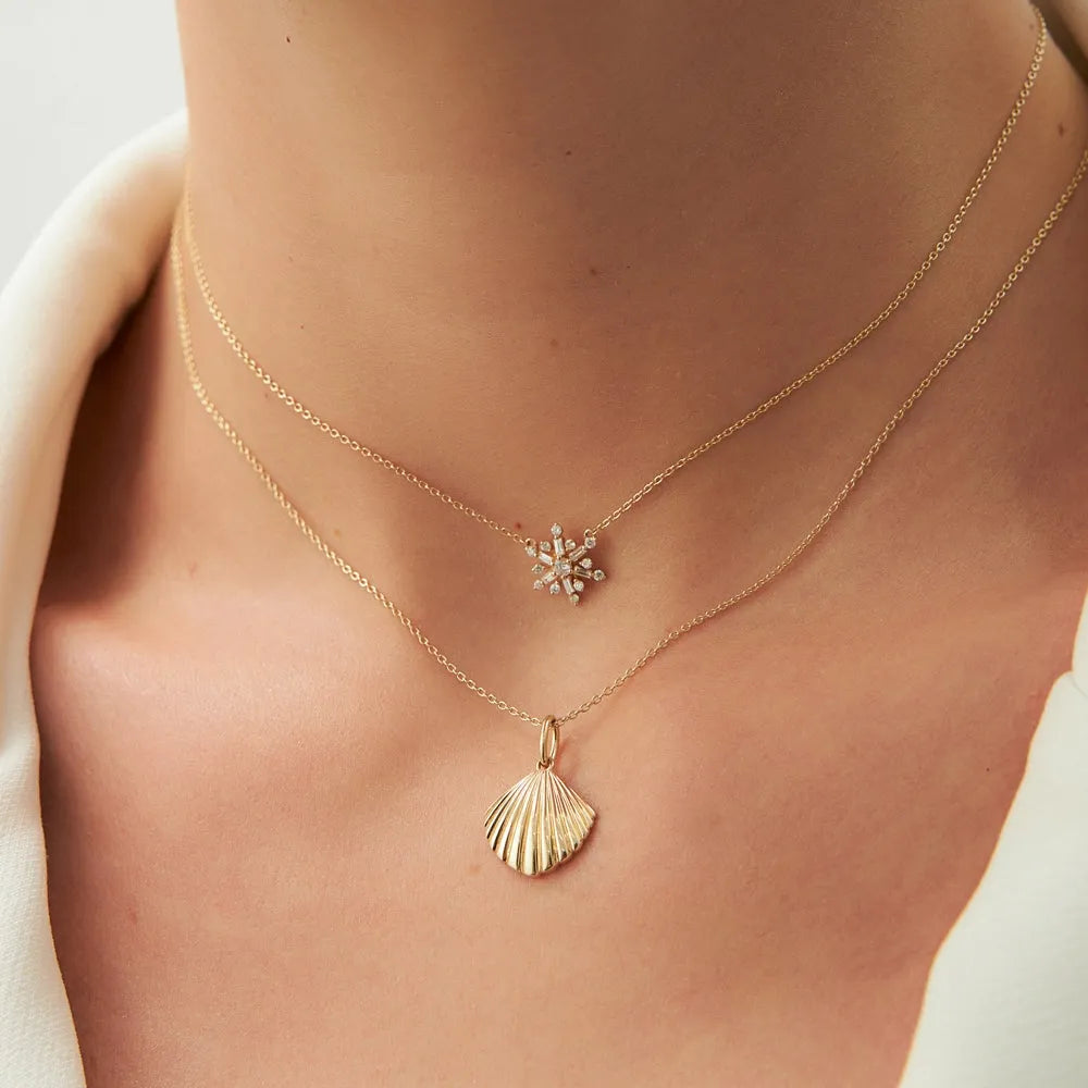 14k Solid Gold Shell Charm Pendant Necklace Coastal Beach Inspired