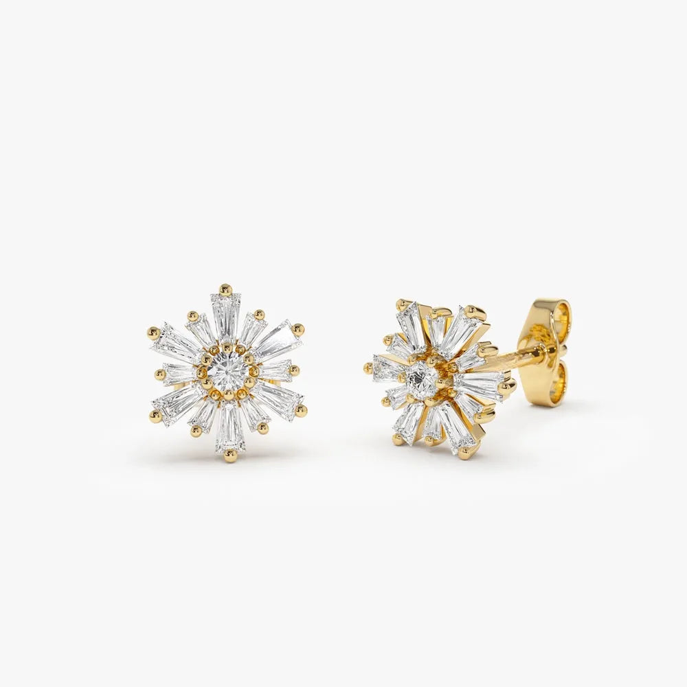 14k Gold Diamond Tapered Baguette and Round Cut Earrings Prong Setting 0.49 ctw
