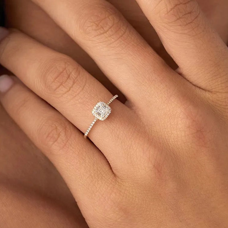 14k Gold 0.25 CTW Round Baguette and Princess Cut Diamond Halo Ring