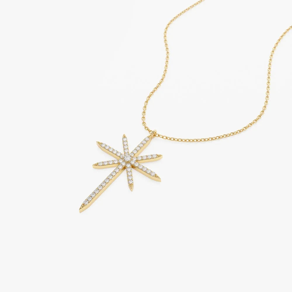 14K Solid Gold Round Diamond Celestial North Star Pendant Necklace 0.25ctw Prong Setting