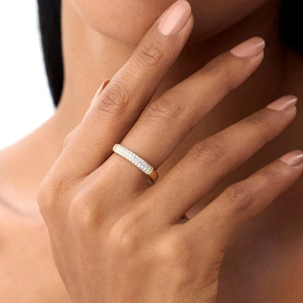 14K Solid Gold Round Diamond 0.30ctw Three Row Pave Band