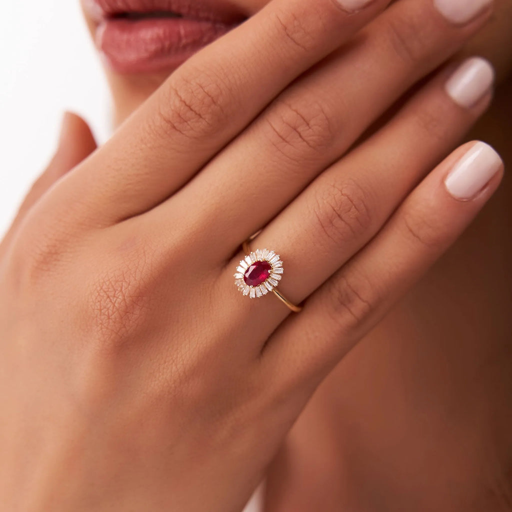 14k Gold Ruby and Diamond Oval and Baguette Cut Ballerina Ring 0.75 ctw