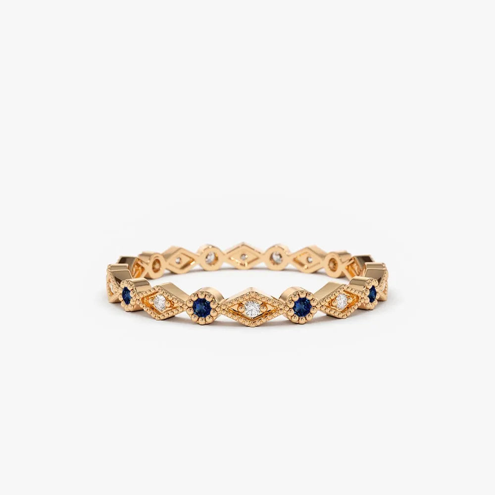 14k Gold Sapphire and Diamond Round Cut Art Deco Geometric Wedding Band Bezel Setting 0.20 ctw