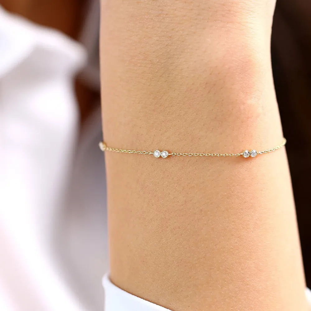 14K Solid Gold Round Diamond Double Station Chain Bracelet Bezel Setting 0.18 Carat