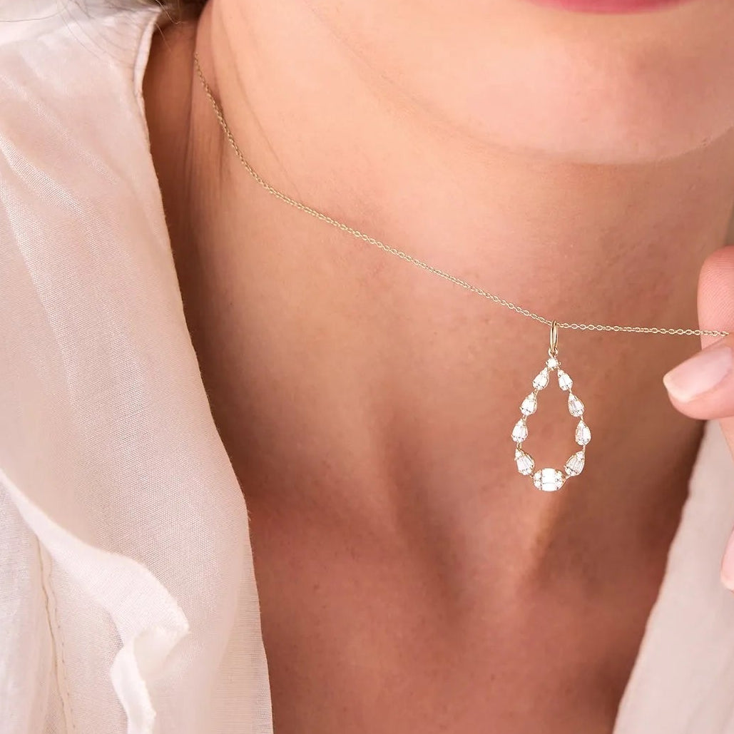 14K Solid Gold Round and Baguette Diamond Pear Shape Pendant Necklace 0.47ctw