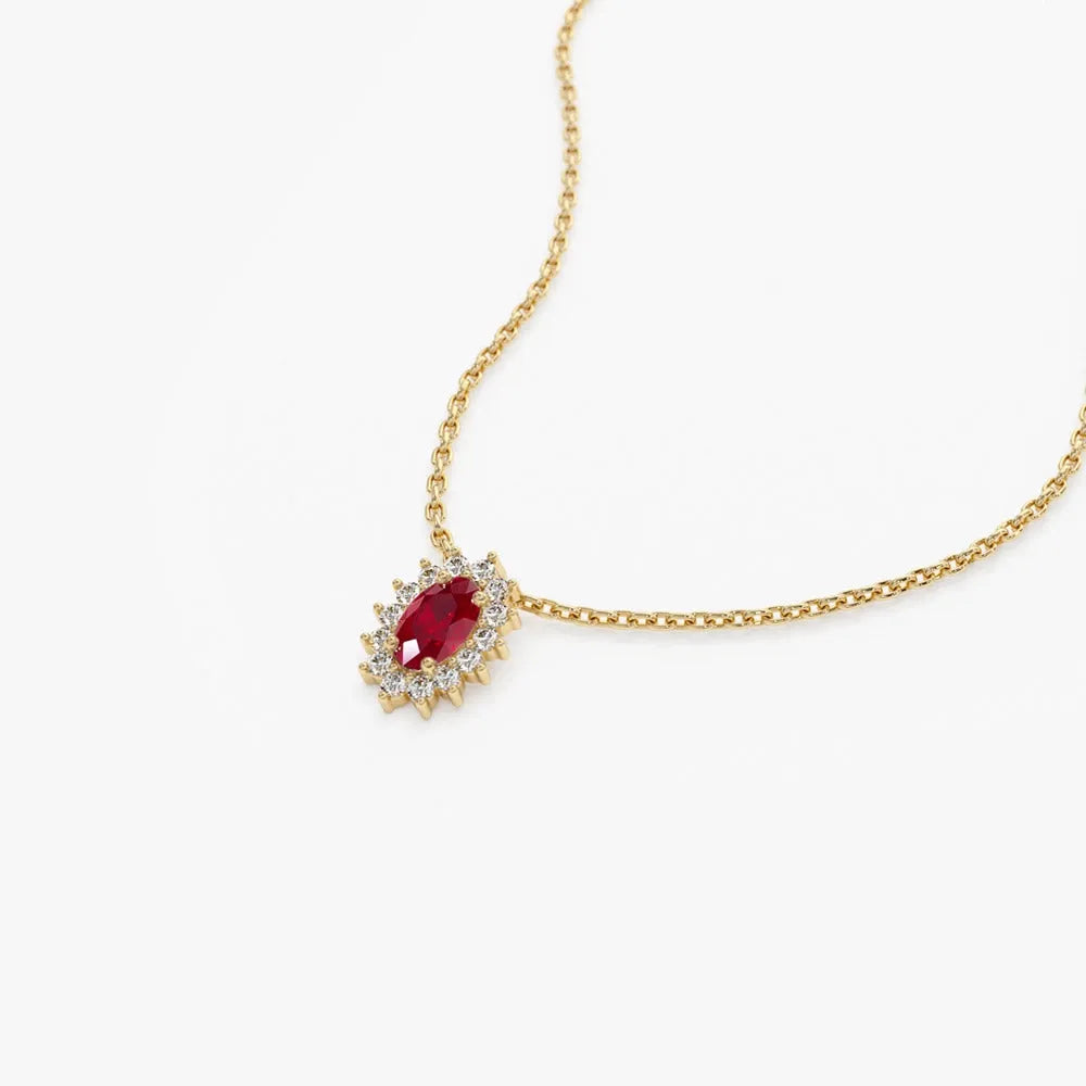 14k Solid Gold Ruby and Diamond Oval Halo Necklace 0.40 Carat