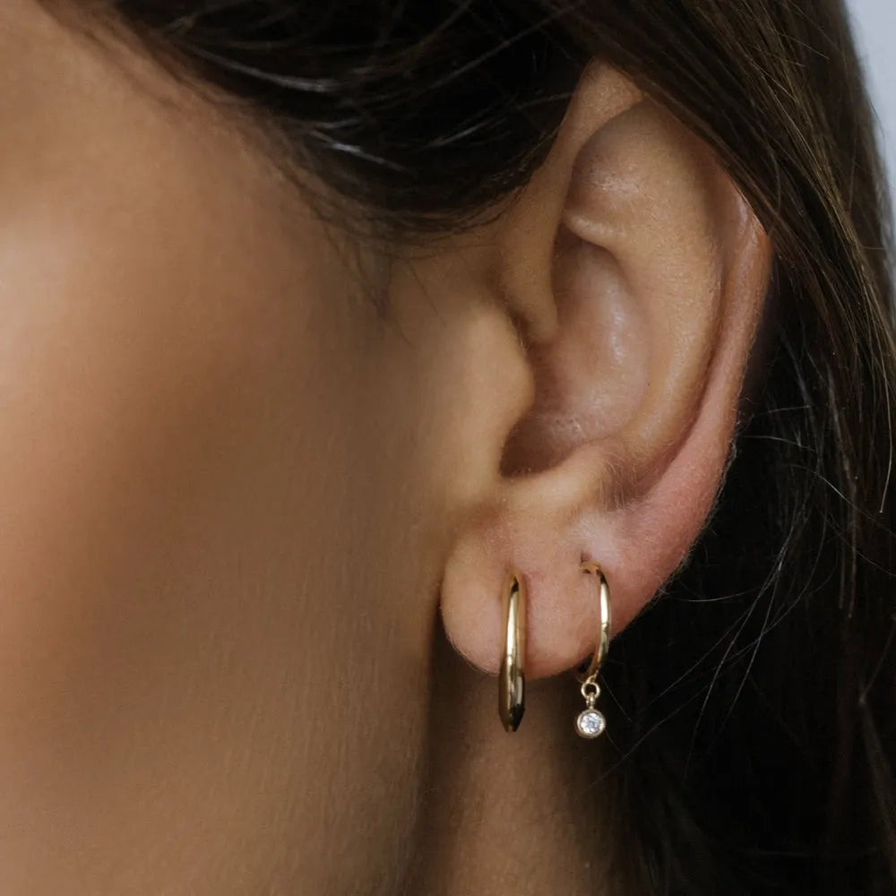 14k Gold Diamond Round Cut Dangling Charm Hoop Earrings Bezel Setting 0.06 ctw