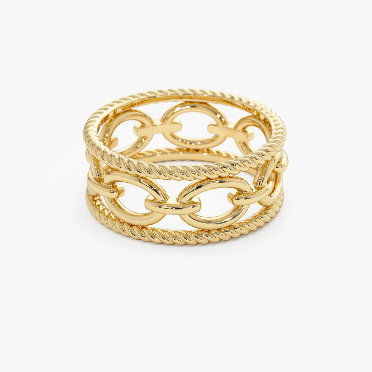 14k Solid Gold Rope Chain Link Wide Band Ring