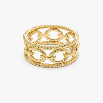 14k Solid Gold Rope Chain Link Wide Band Ring
