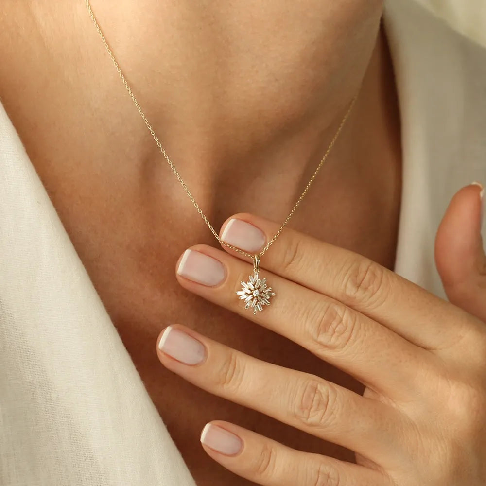 14K Solid Gold Baguette and Round Diamond Cluster Pendant Necklace Prong Setting 0.56ctw