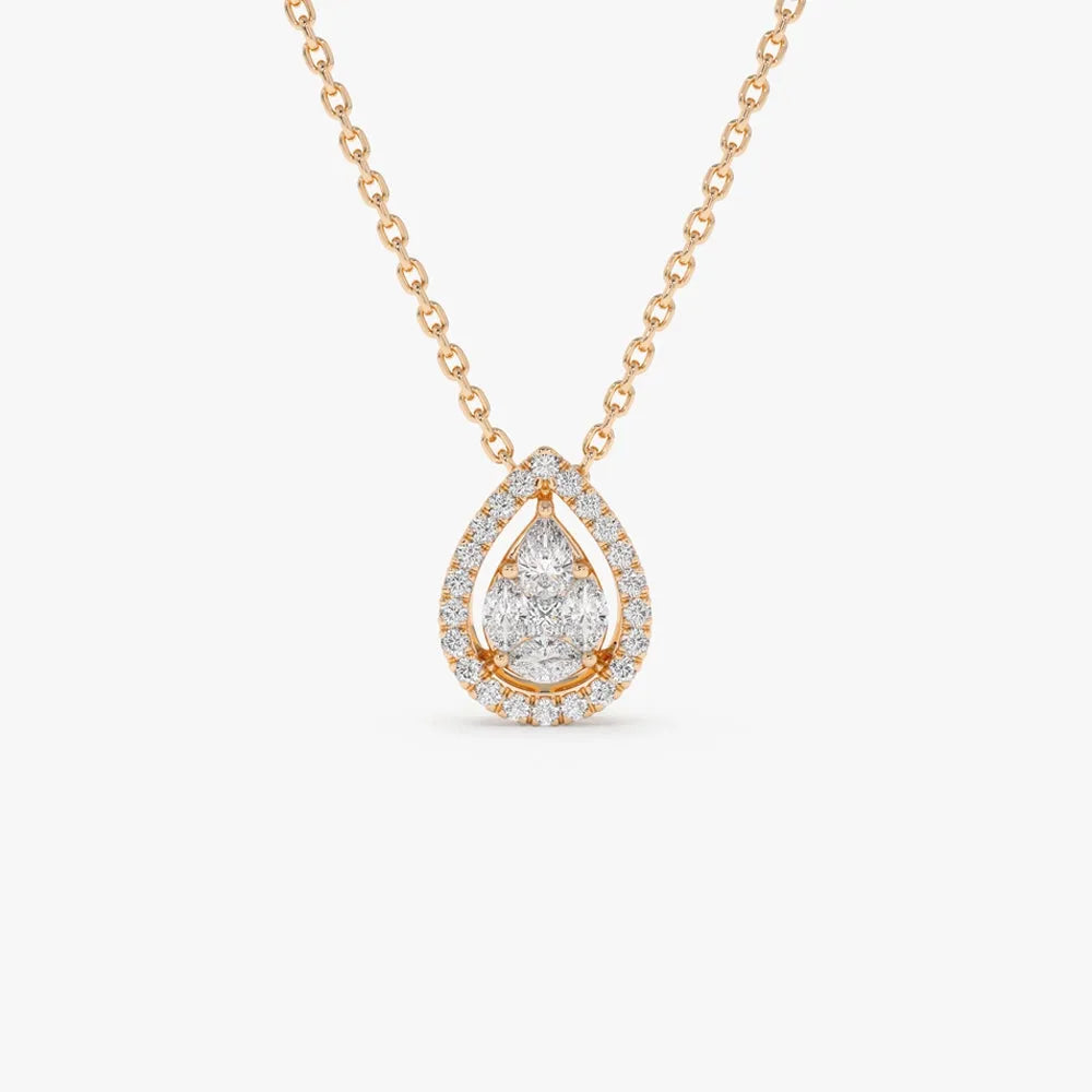 14K Solid Gold Pear Shape Diamond Illusion Setting Halo Pendant Necklace 0.25ctw