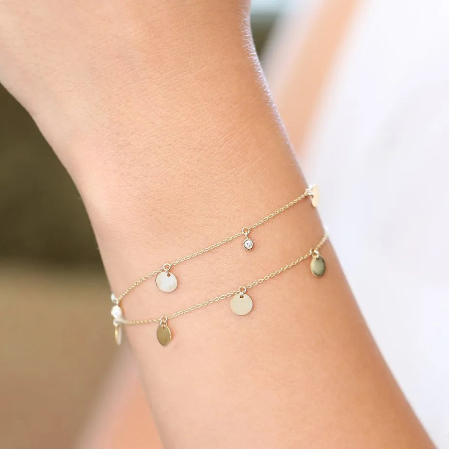 14k Solid Gold Five Dangle Disc Bracelet with Charms