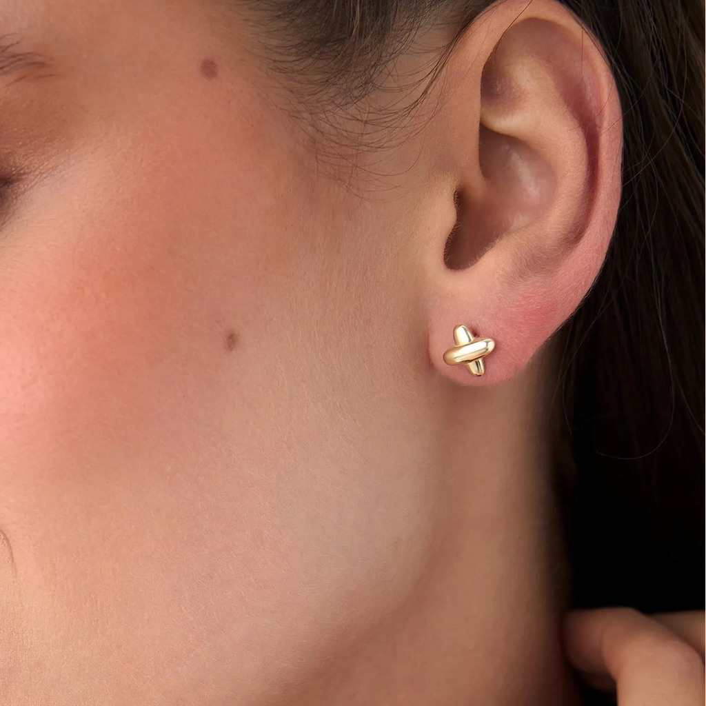 14k Solid Gold X Shape Stud Earrings Geometric Minimalist Design