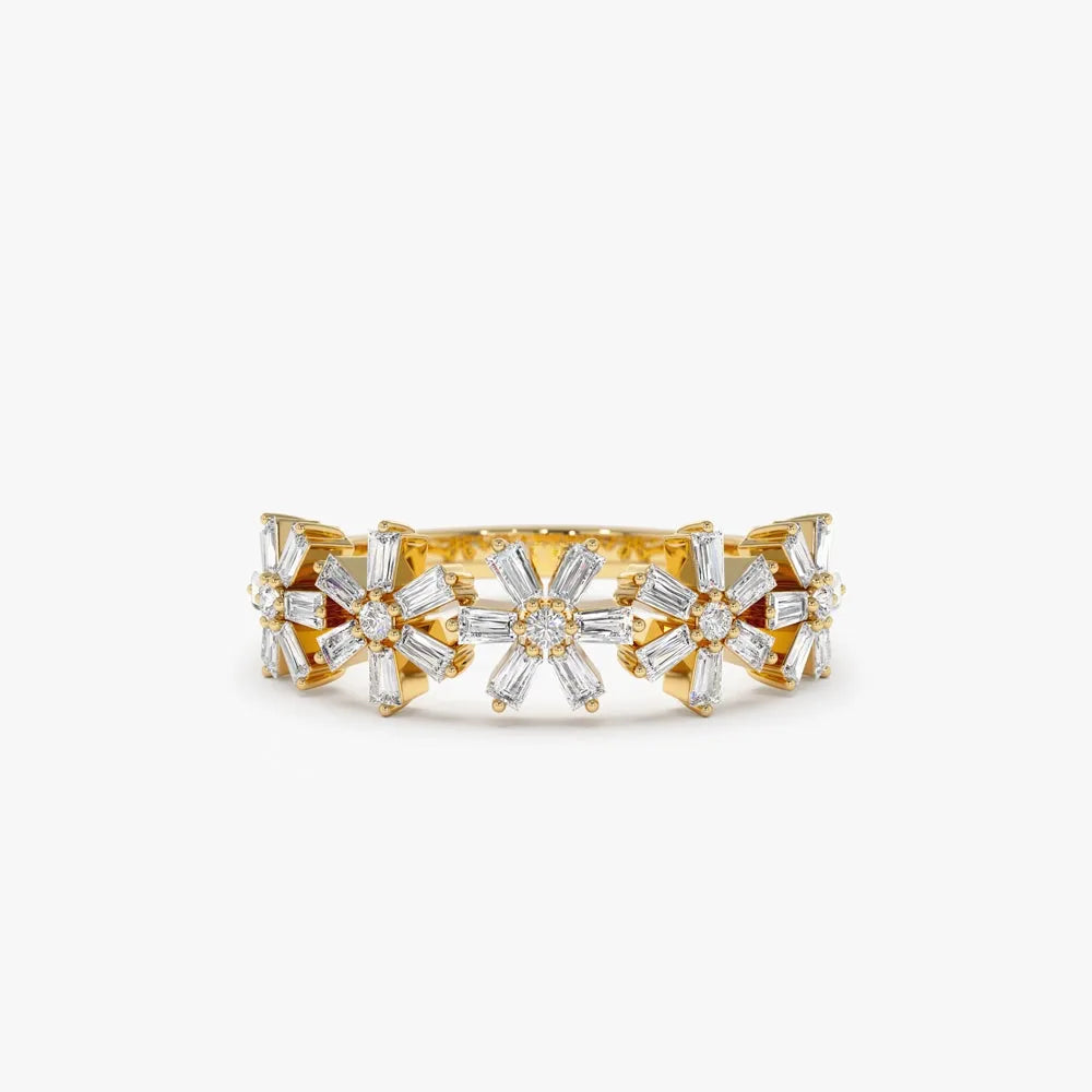 14K Gold 0.49 Carat Round and Baguette Diamond Multi Flower Design Ring
