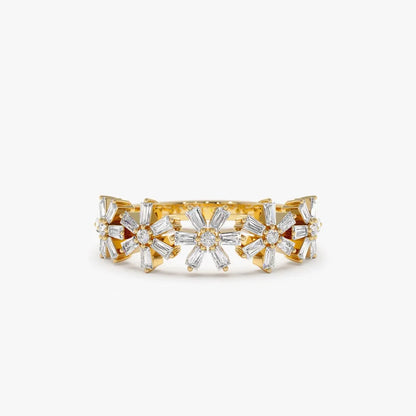 14K Gold 0.49 Carat Round and Baguette Diamond Multi Flower Design Ring
