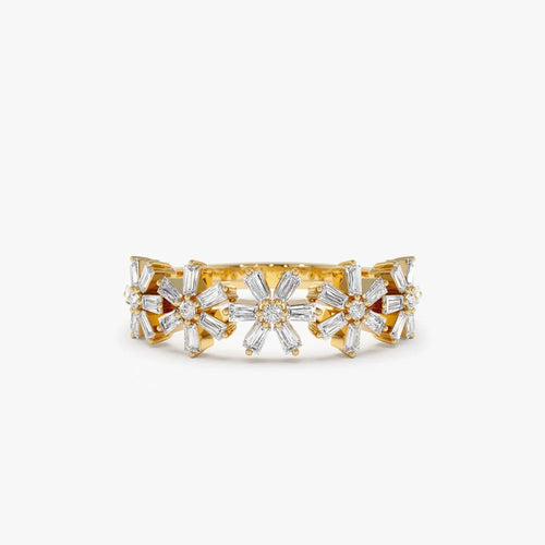 14K Gold 0.49 Carat Round and Baguette Diamond Multi Flower Design Ring