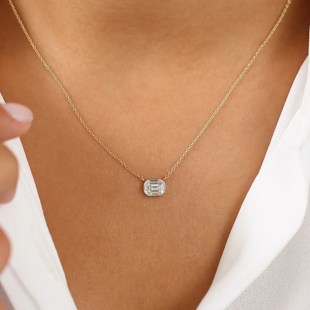 14K Solid Gold Baguette Diamond Step Cut Mosaic Illusion Necklace Invisible Bezel Setting 0.48ctw