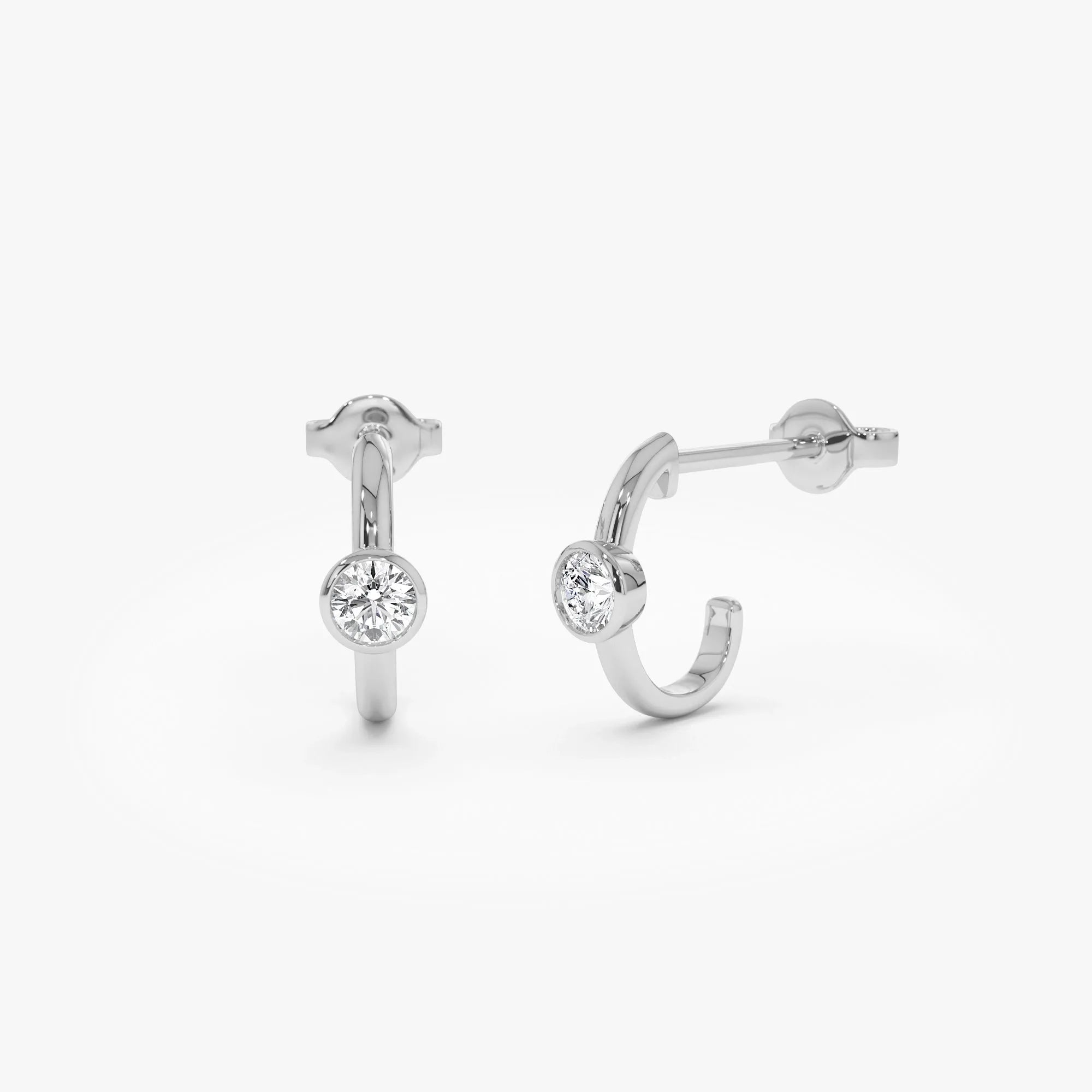14k Gold Diamond Round Cut Bezel Setting J Hoop Earrings 0.20 ctw