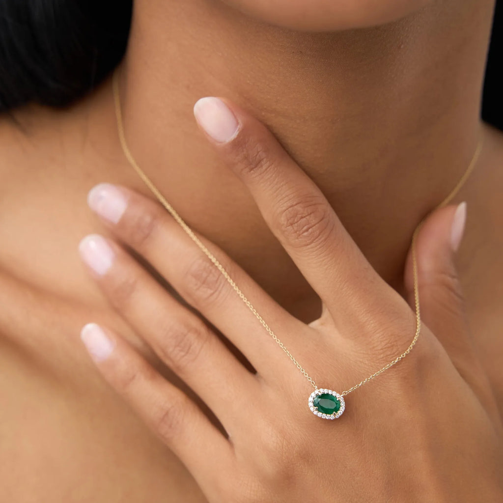 14k Solid Gold Octagon Emerald 0.75 CTW and Round Diamond 0.10 CTW Halo Pendant Necklace