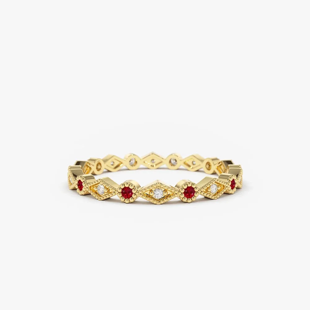 14k Gold Ruby and Diamond Round Cut Art Deco Geometric Wedding Band Bezel Setting 0.20 ctw