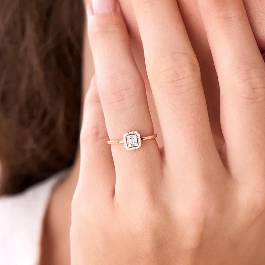 14k Gold Rectangular Baguette and Round Diamond Halo Ring 0.25 ctw