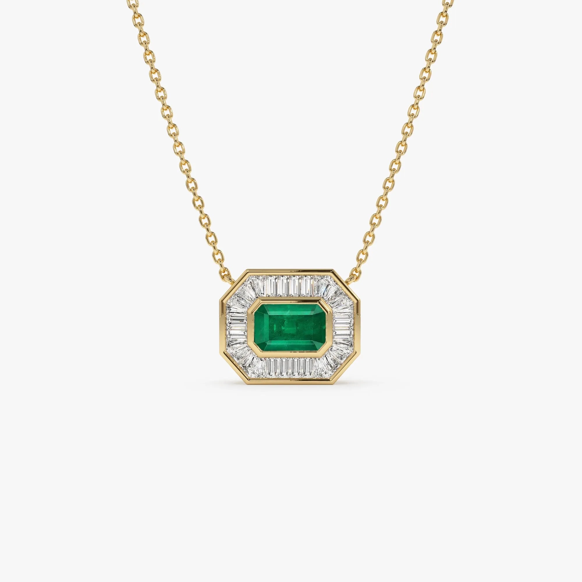 14k Solid Gold Octagon Emerald 0.65 CTW and Baguette Diamond 0.45 CTW Halo Pendant Necklace