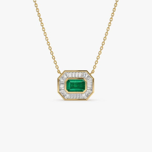 14k Solid Gold Octagon Emerald 0.65 CTW and Baguette Diamond 0.45 CTW Halo Pendant Necklace