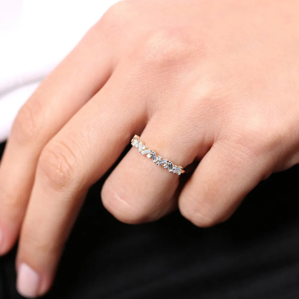 14K Gold 0.35 Carat Baguette and Round Diamond Slanted Prong Set Ring