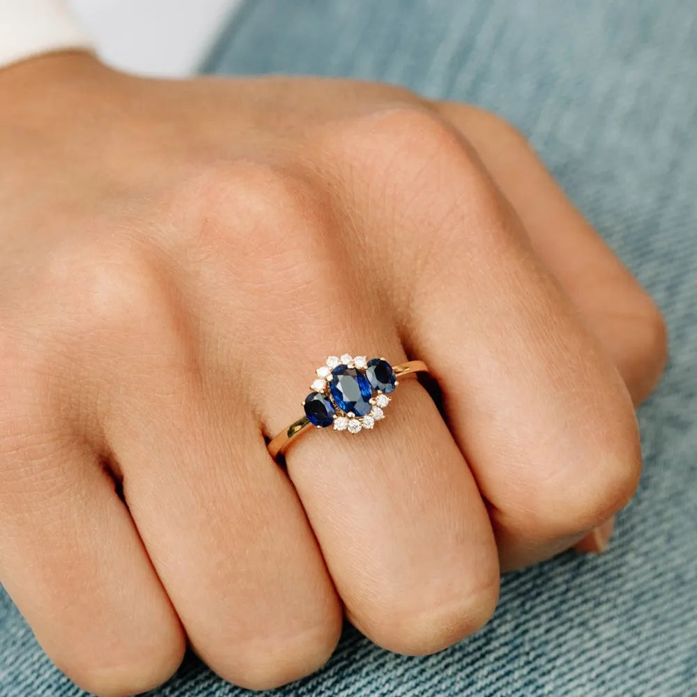 14k Gold Sapphire and Diamond Oval Cut Three Stone Cluster Ring 1.41 ctw