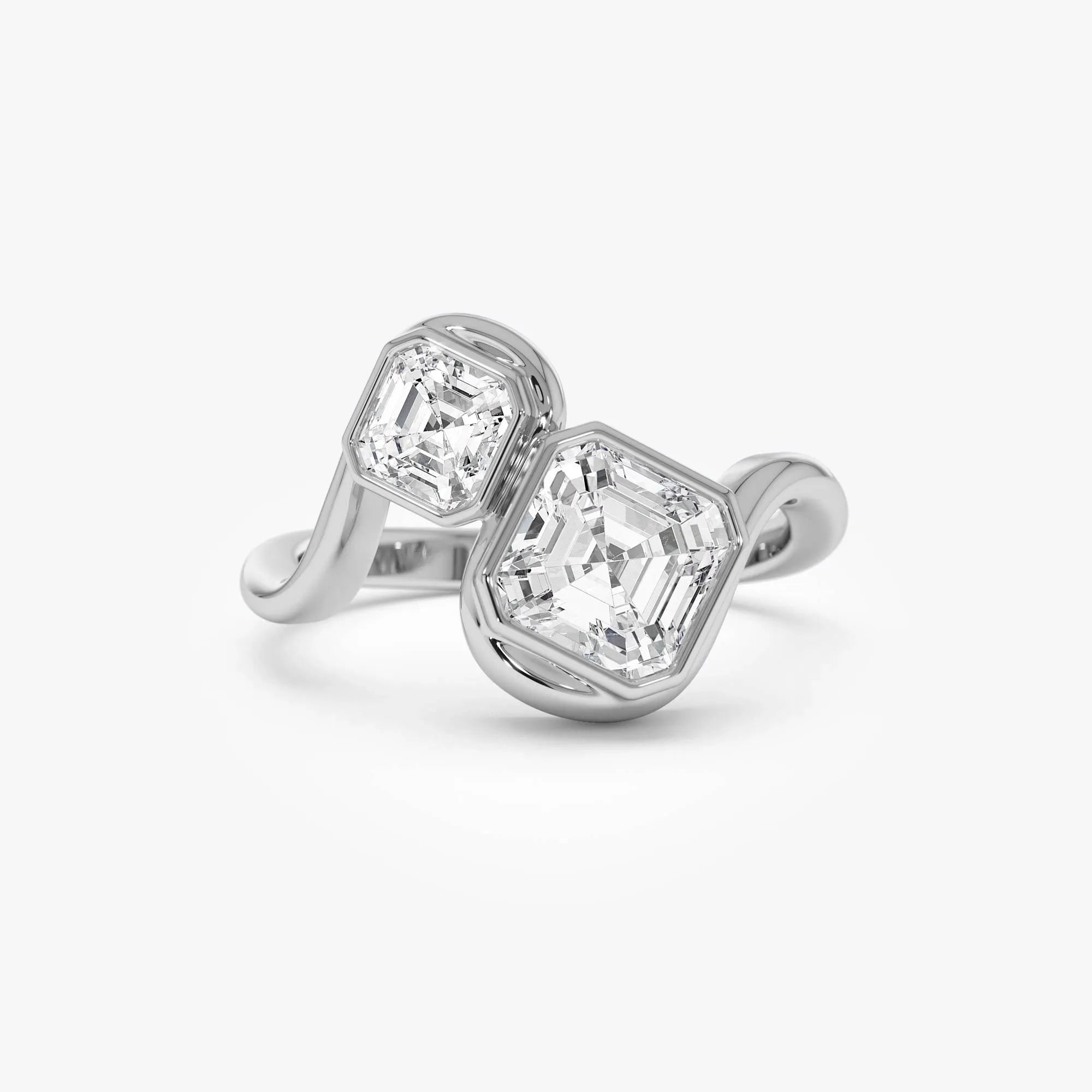 14k Gold 2.10 Ctw Lab Grown Diamond Asscher and Round Bezel Set Toi et Moi Ring