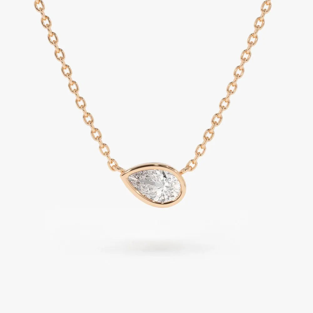 14K Solid Gold Pear Shape Diamond Horizontal Solitaire Necklace Bezel Set 0.23ctw