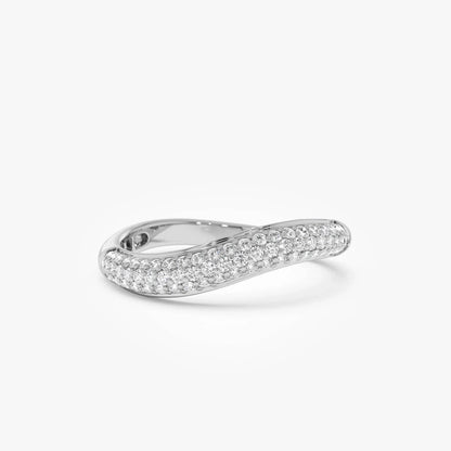 14K Solid Gold Round Diamond 0.40 Carat Three Row Pave Wave Ring