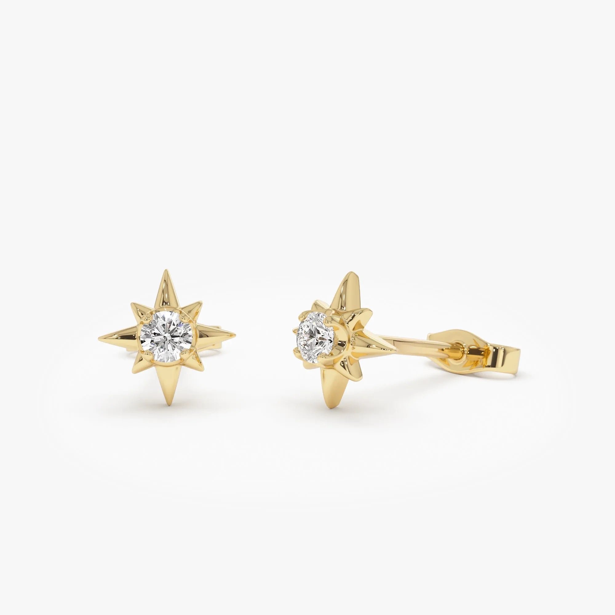 14k Gold Diamond Round Cut North Star Stud Earrings 0.10 ctw