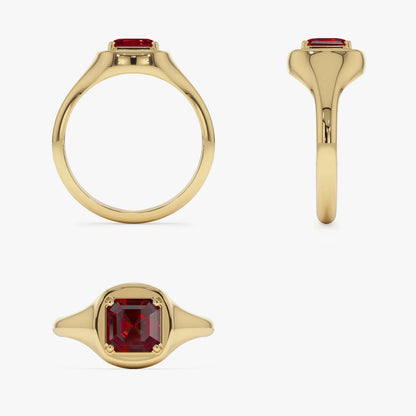 14K Solid Gold Asscher Cut Garnet 1.35 Carat Signet Ring