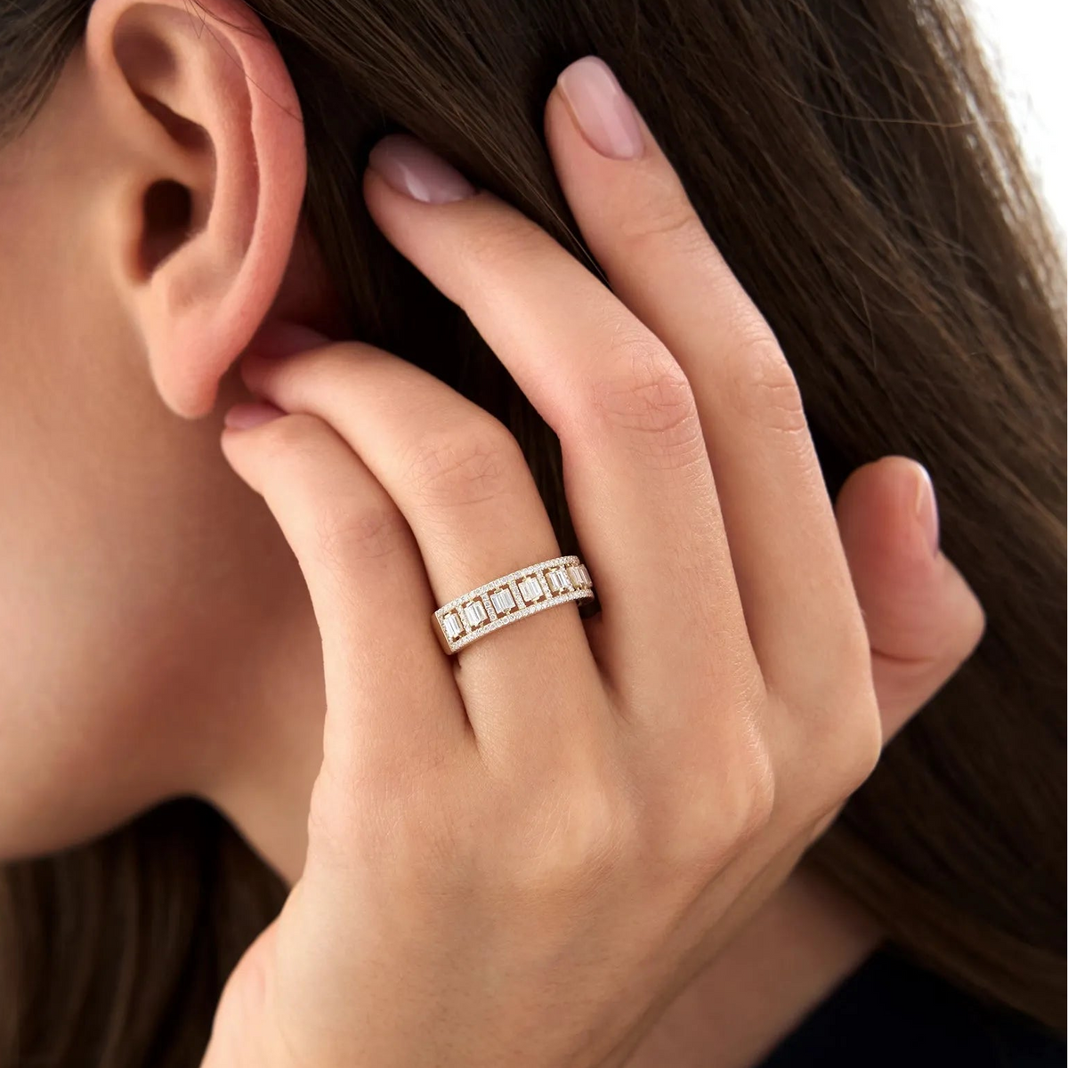 14k Gold Diamond Baguette and Round Cut Wide Pave Ring 0.60 ctw