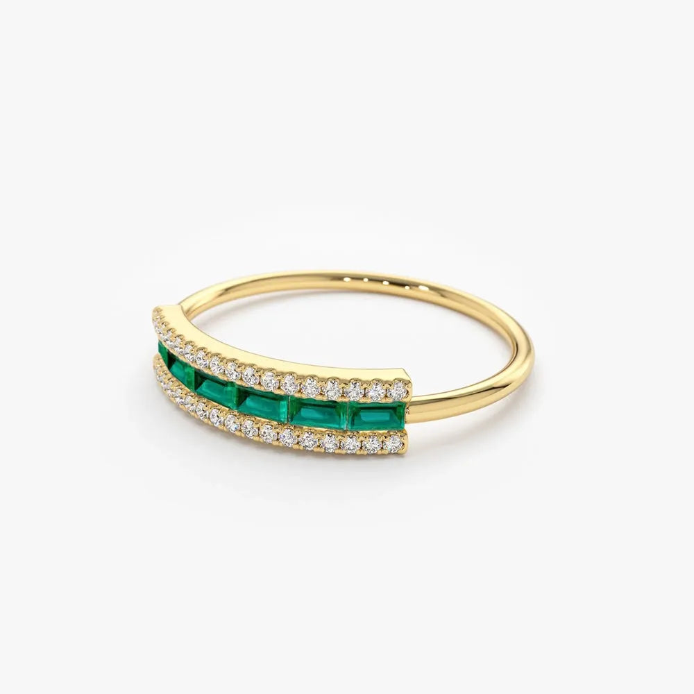 14K Solid Gold Baguette Emerald and Round Diamond Channel Micro Pave Ring 0.60 CTW