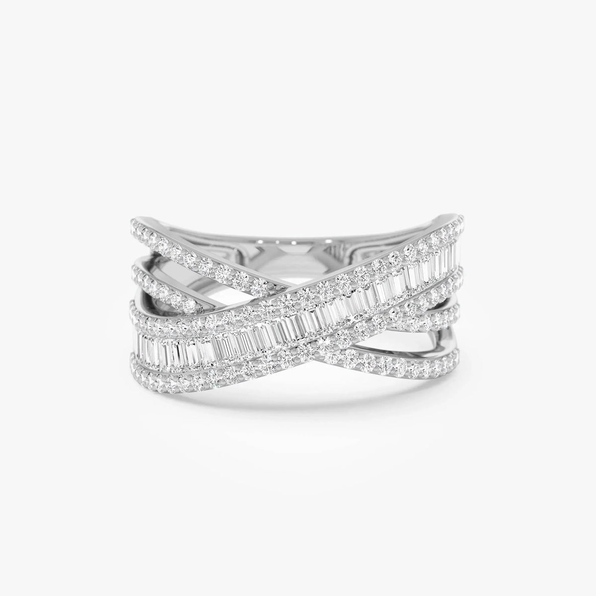 14k Solid Gold Baguette and Round Diamond 0.85 Carat Multi Row Criss Cross Band Ring