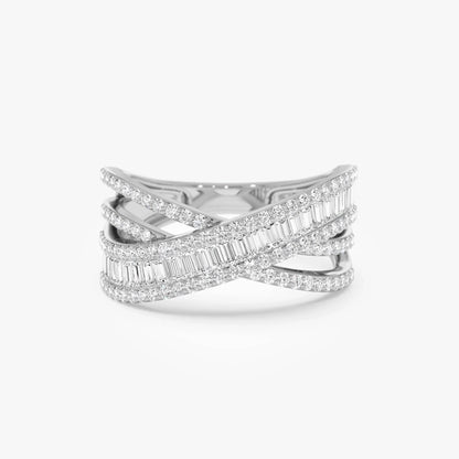 14k Solid Gold Baguette and Round Diamond 0.85 Carat Multi Row Criss Cross Band Ring