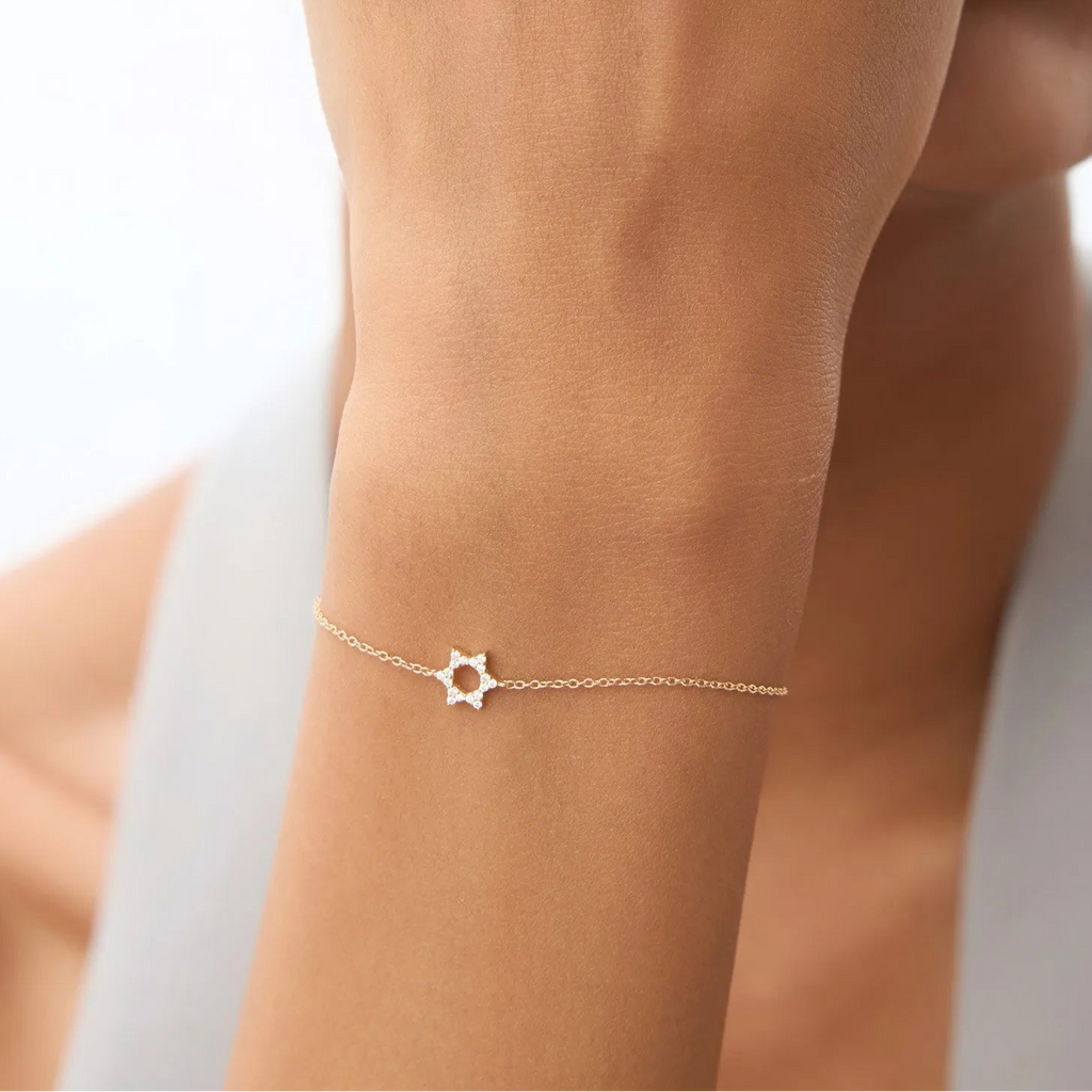 14K Solid Gold 0.065 CTW Round Diamond Star of David Bracelet