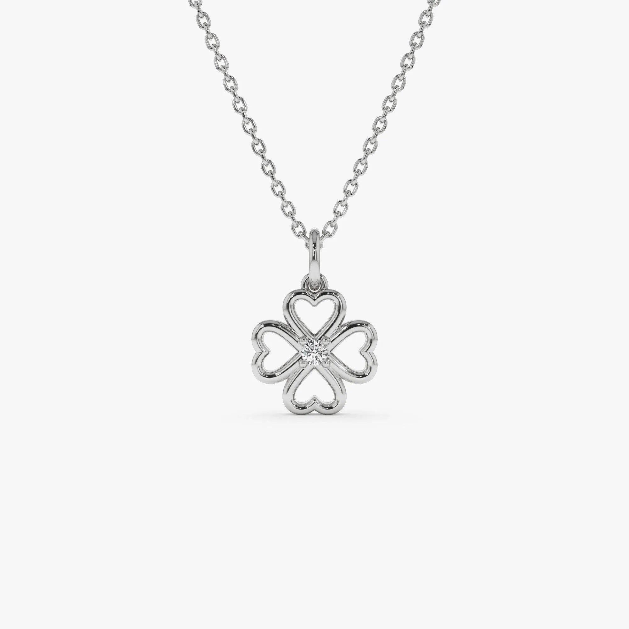 14K Solid Gold 0.04 CTW Round Diamond Single Clover Necklace