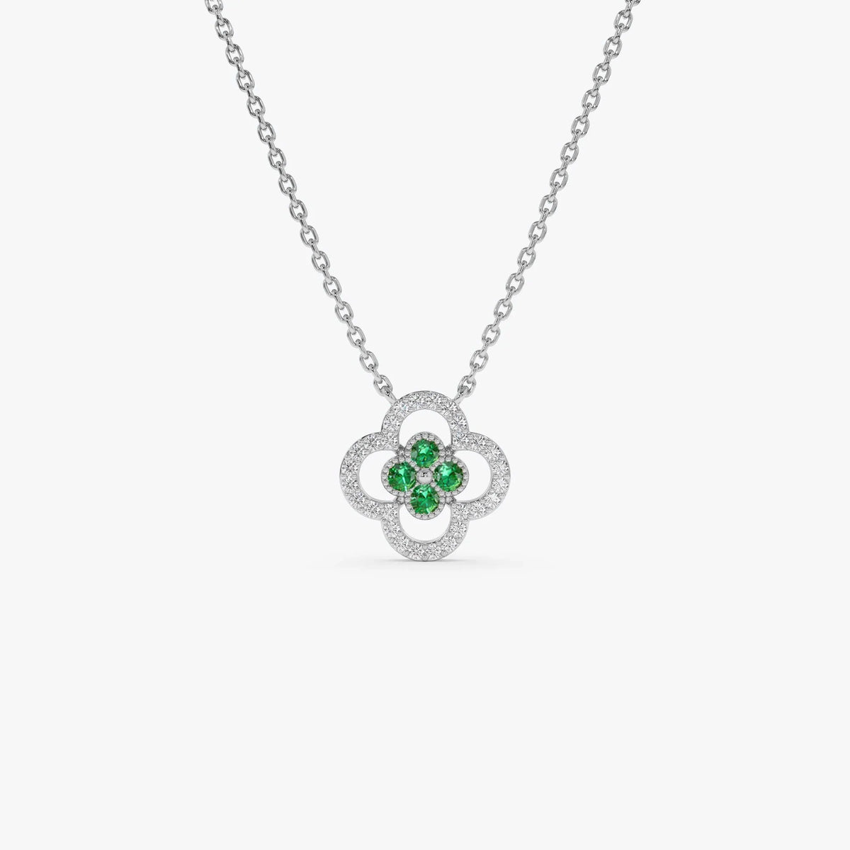 14k Solid Gold Round Emerald 0.10 CTW and Diamond 0.10 CTW Clover Halo Pendant Necklace
